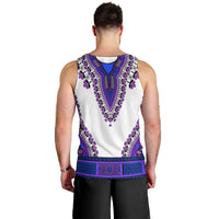 Men's dashiki tank top, back view: white with purple and blue decorative panel