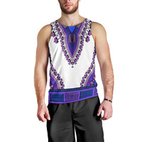 Men's dashiki tank top front: white base with purple and blue V-neck pattern, sleeveless