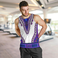 Men's dashiki tank top in white with purple and blue border print, sleeveless front