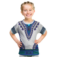 Kids dashiki-style t-shirt, light gray with royal blue and purple front panel print