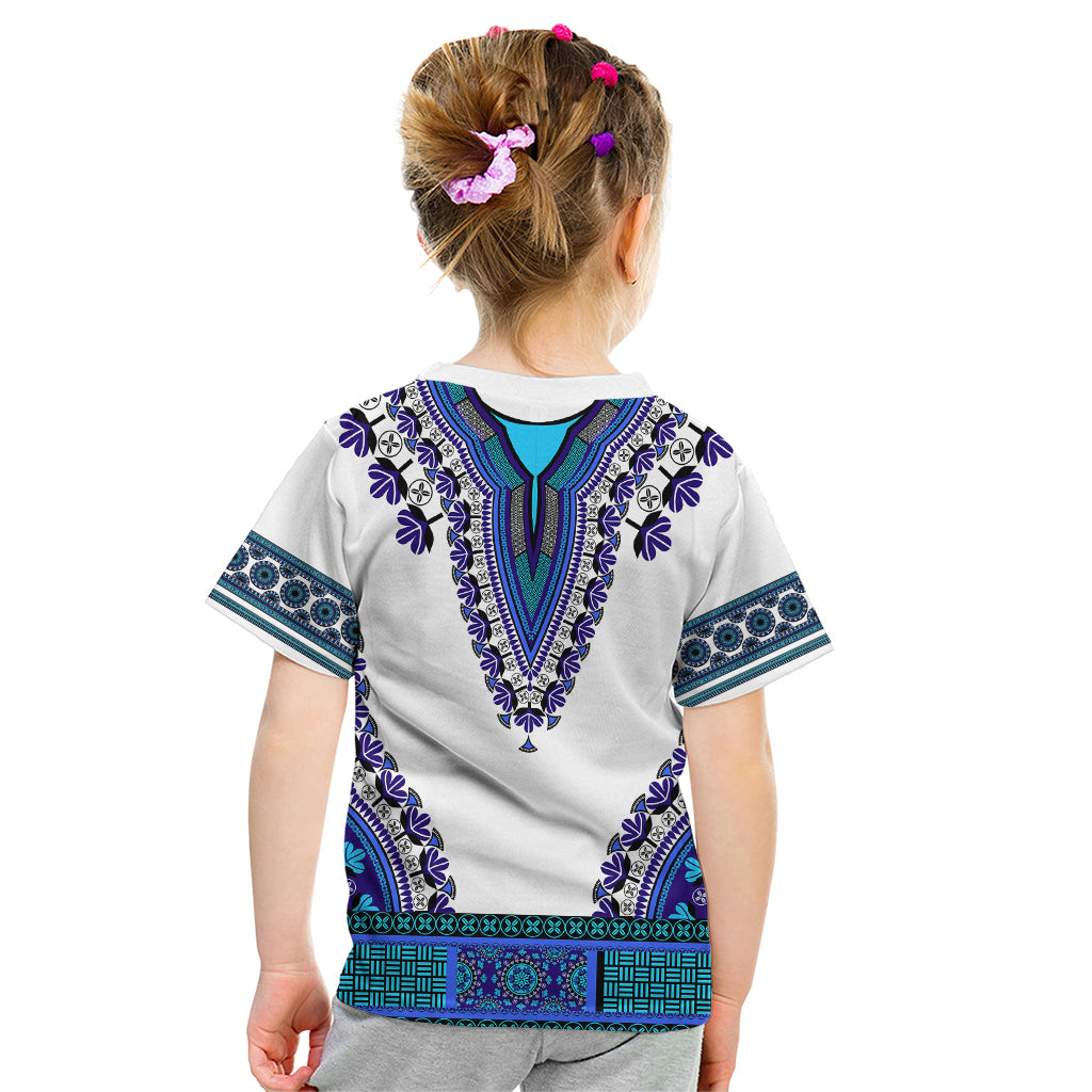 Kids dashiki-style t-shirt, light gray back with royal blue patterned yoke and trim