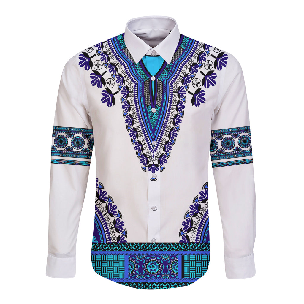 Africa Long Sleeve Button Shirt African Dashiki Royal Blue Version - Wonder Print Shop