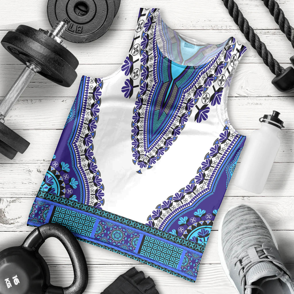 Men’s white tank top with royal blue dashiki-style print and teal patterned hem