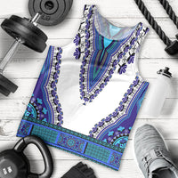 Men’s white tank top with royal blue dashiki-style print and teal patterned hem
