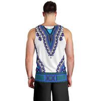 Men’s dashiki tank top, white back with blue and teal ornamental pattern
