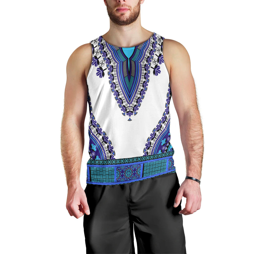 Men’s white sleeveless tank top with blue and teal dashiki print and trim