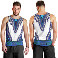 Men’s dashiki tank top, white with blue and teal patterned trim, front and back