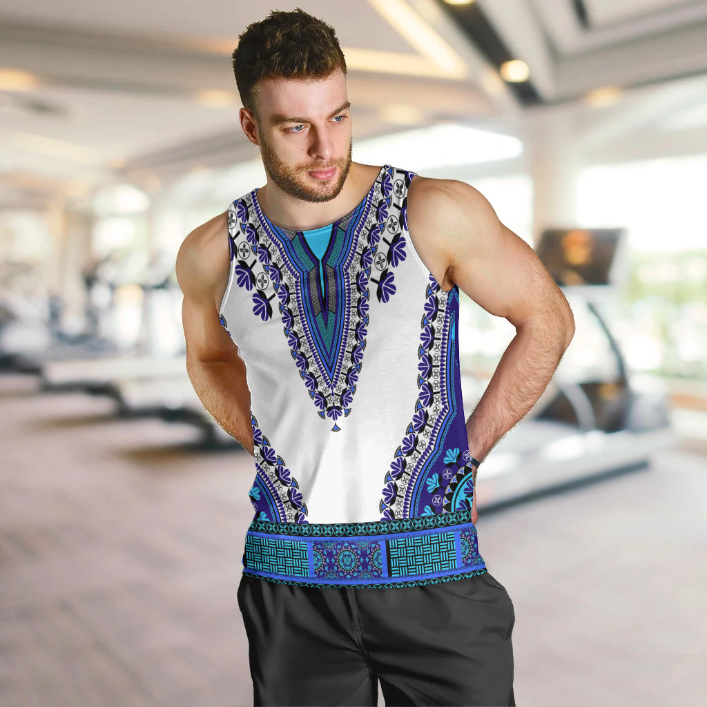 Men’s white tank top with royal blue and teal dashiki print, sleeveless