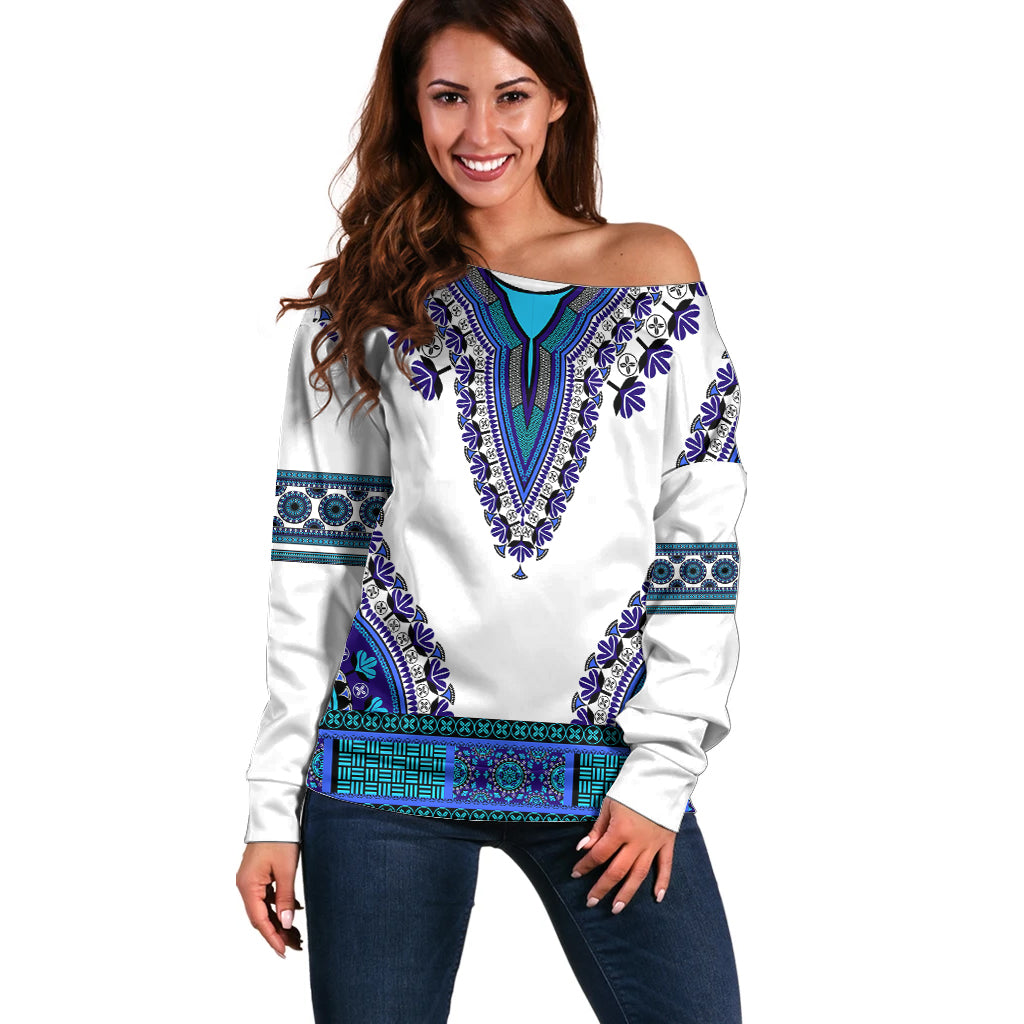 Africa Off Shoulder Sweater African Dashiki Royal Blue Version - Wonder Print Shop