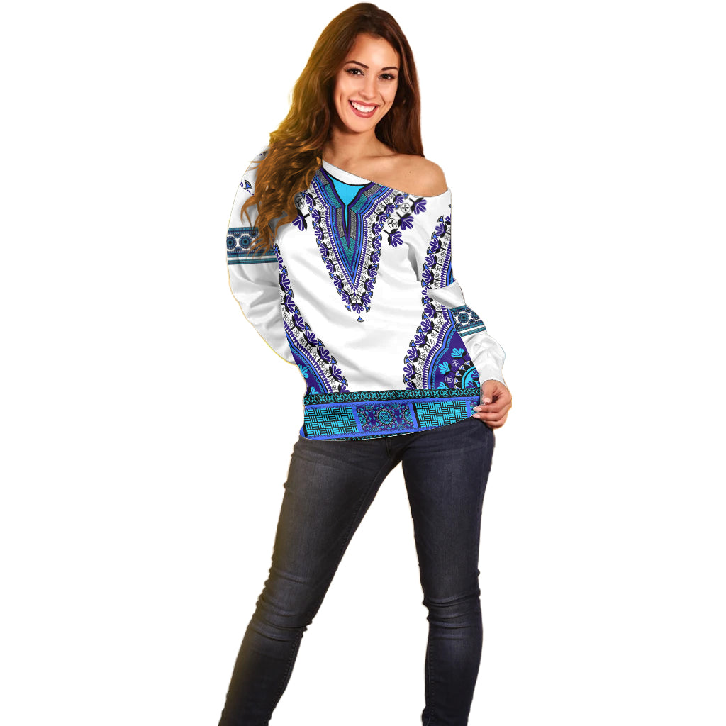 Africa Off Shoulder Sweater African Dashiki Royal Blue Version - Wonder Print Shop