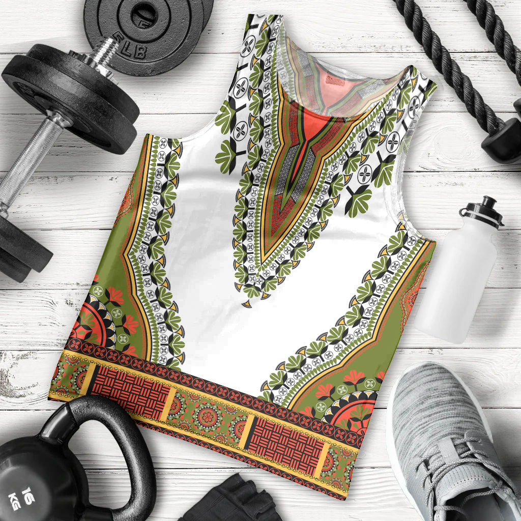 Men's white dashiki tank top with green and red patterned trim, sleeveless