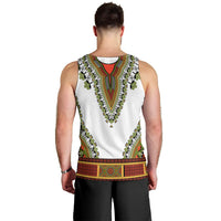 Men's white sleeveless dashiki tank top with green and red V-shaped back print