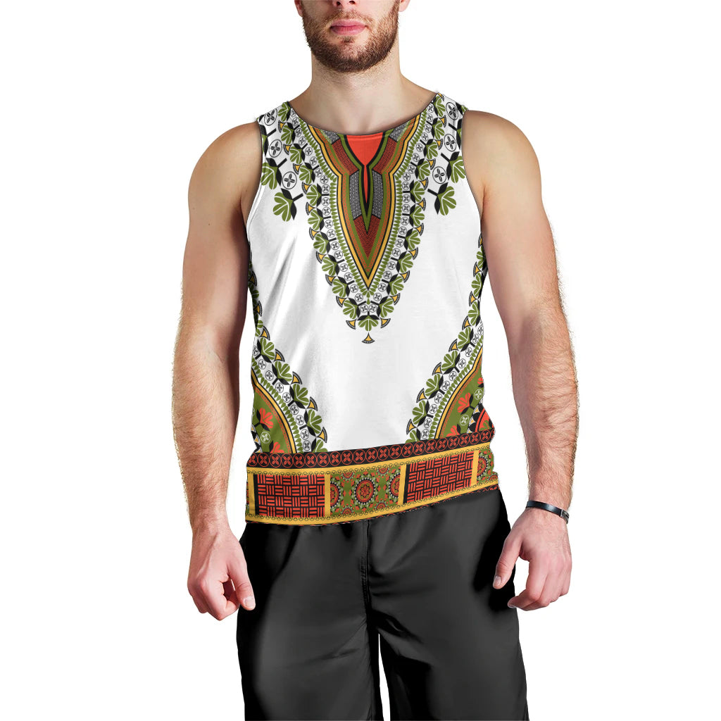 Men's white sleeveless dashiki tank top with green vine trim and red waist band