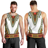 Men's white dashiki-style tank top with green and red patterned panel, V neckline