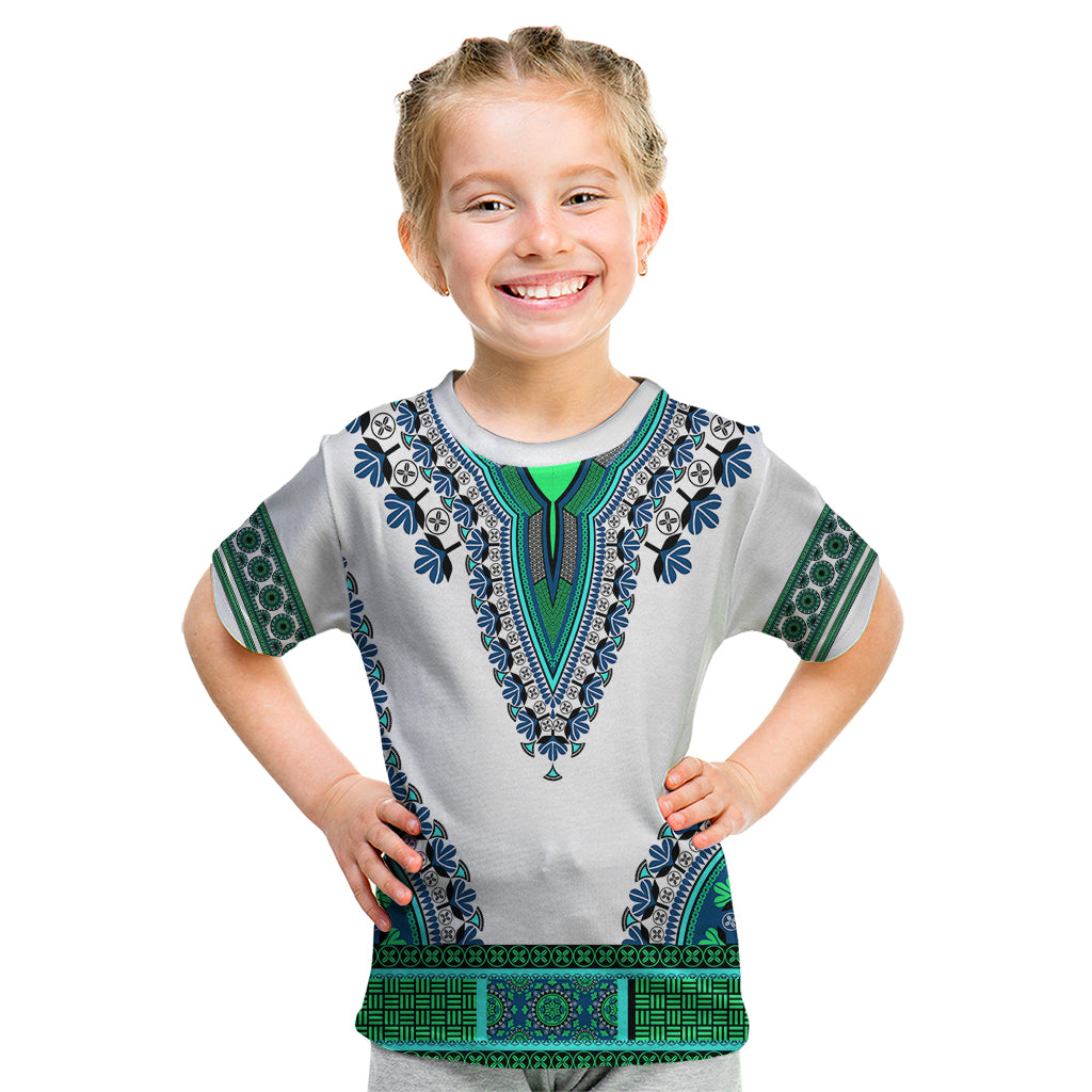Kids dashiki T-shirt, light gray with turquoise and green embroidered trim