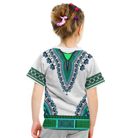 Kids dashiki T-shirt back view, light gray with turquoise and green decorative band