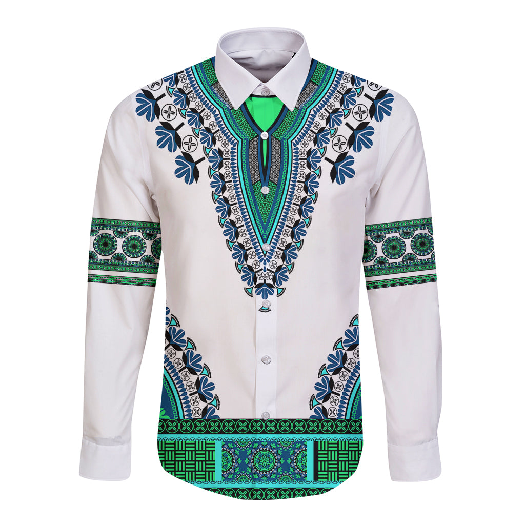 Africa Long Sleeve Button Shirt African Dashiki Royal Turquoise Version - Wonder Print Shop