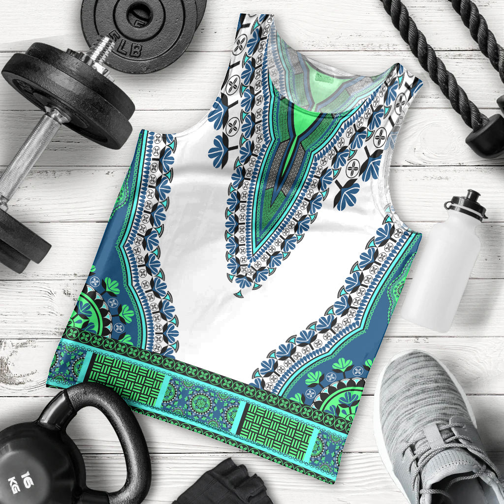 Men's dashiki tank top, white with turquoise and green patterned V-front yoke