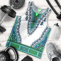 Men's dashiki tank top, white with turquoise and green patterned V-front yoke