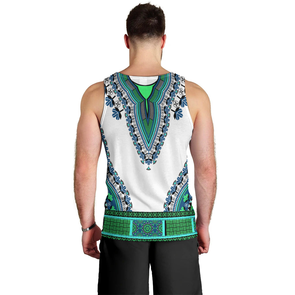 Men's dashiki tank top, white with turquoise-green V yoke on back