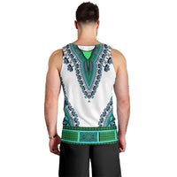 Men's dashiki tank top, white with turquoise-green V yoke on back