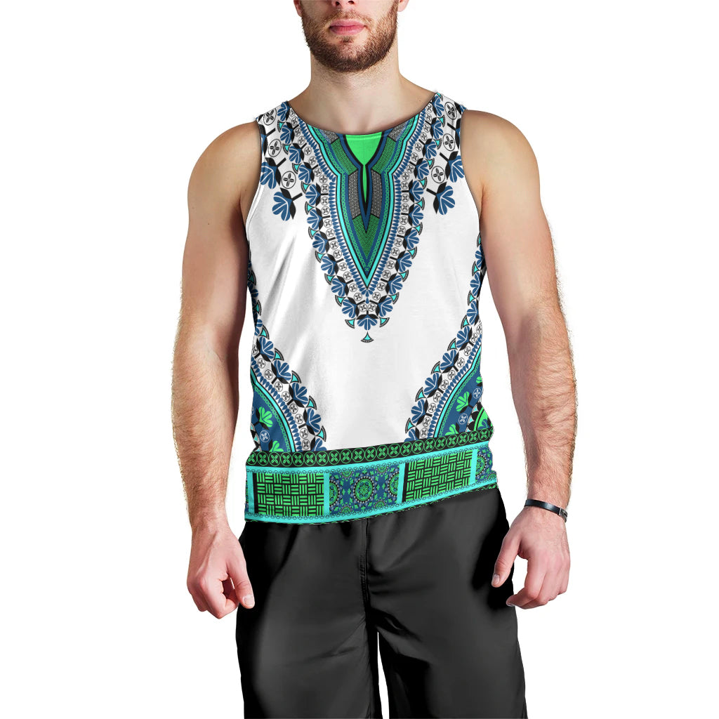 Men's dashiki tank top, white with turquoise and green patterned front yoke