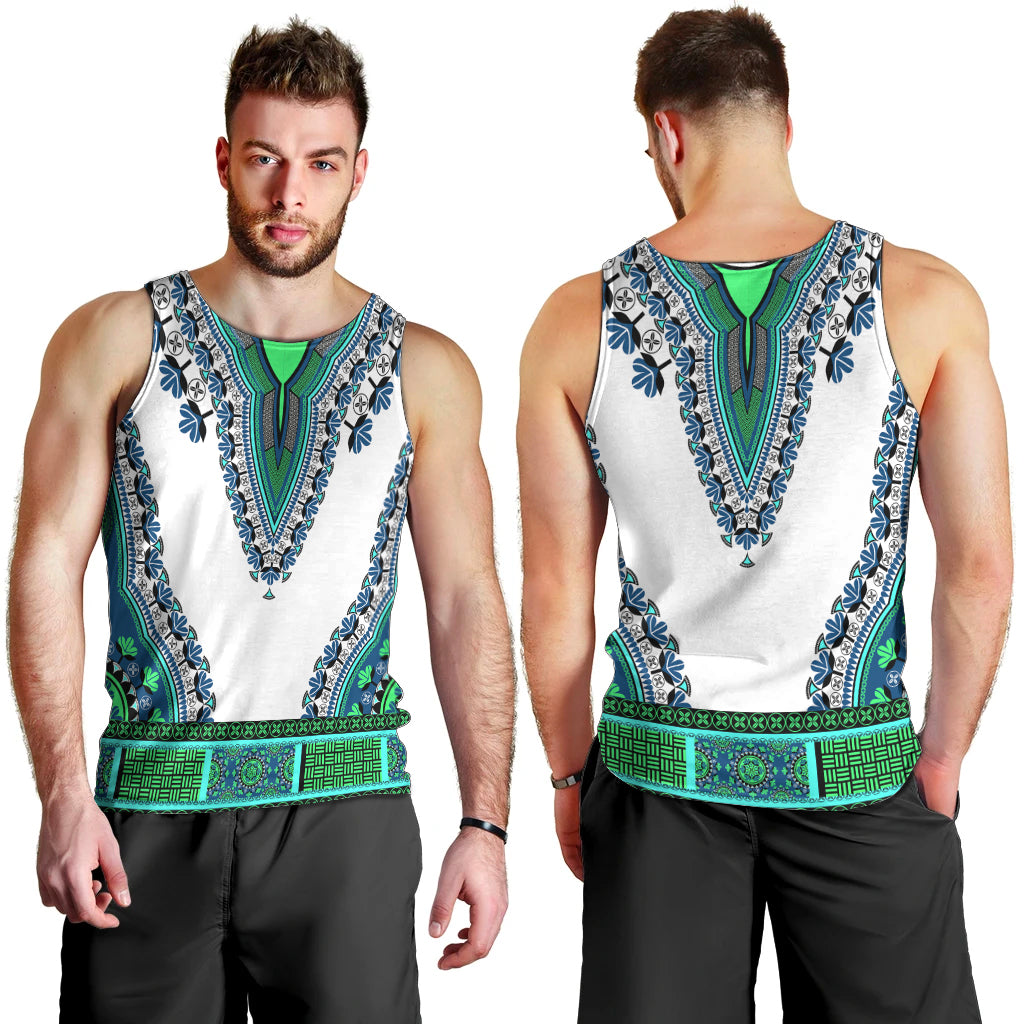 Men's dashiki tank top, white with turquoise-green patterned V yoke front and back
