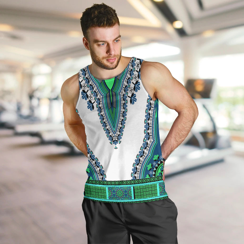 Men's dashiki tank top, white with turquoise and green dashiki border trim