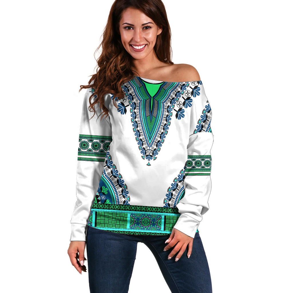 Africa Off Shoulder Sweater African Dashiki Royal Turquoise Version - Wonder Print Shop