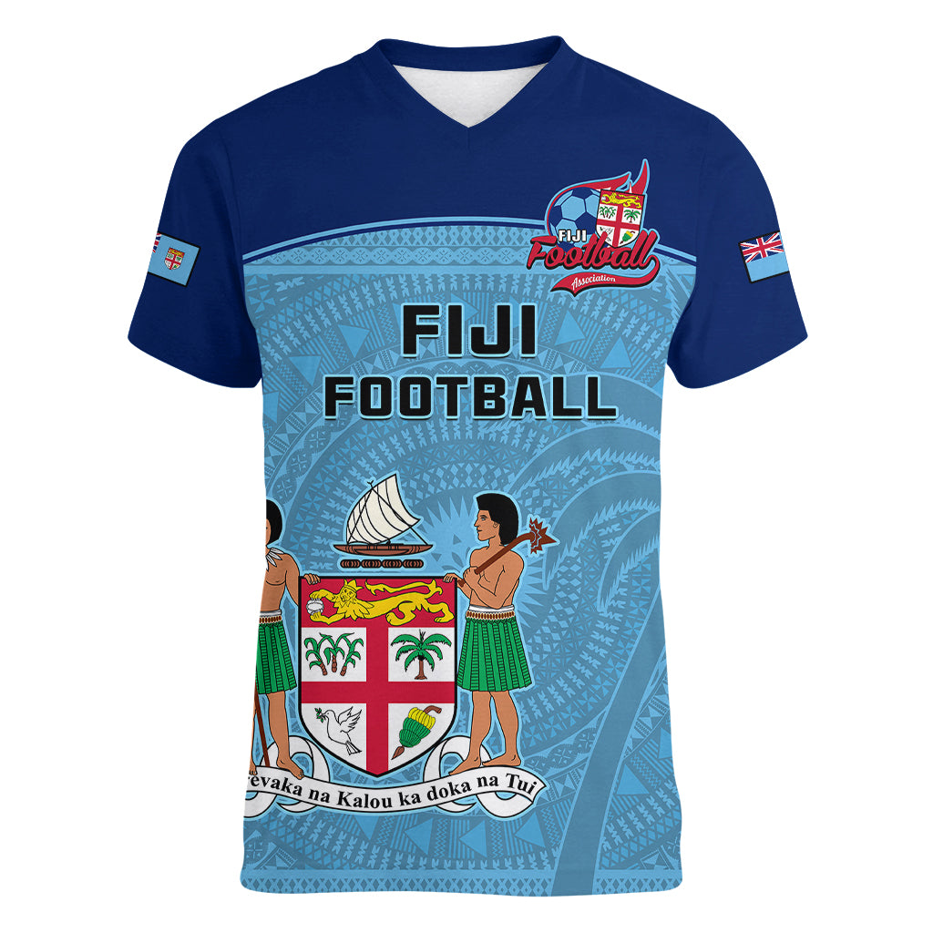 Personalised Fiji Football Women V Neck T Shirt Fijian Tapa Pattern Sporty Style - Wonder Print Shop