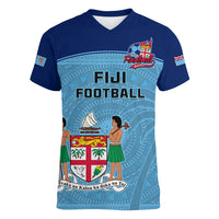 Personalised Fiji Football Women V Neck T Shirt Fijian Tapa Pattern Sporty Style - Wonder Print Shop