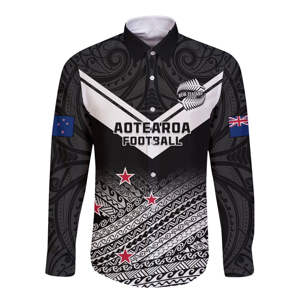 Aotearoa Football Long Sleeve Button Shirt Go New Zealand Maori Fern Pattern - Wonder Print Shop