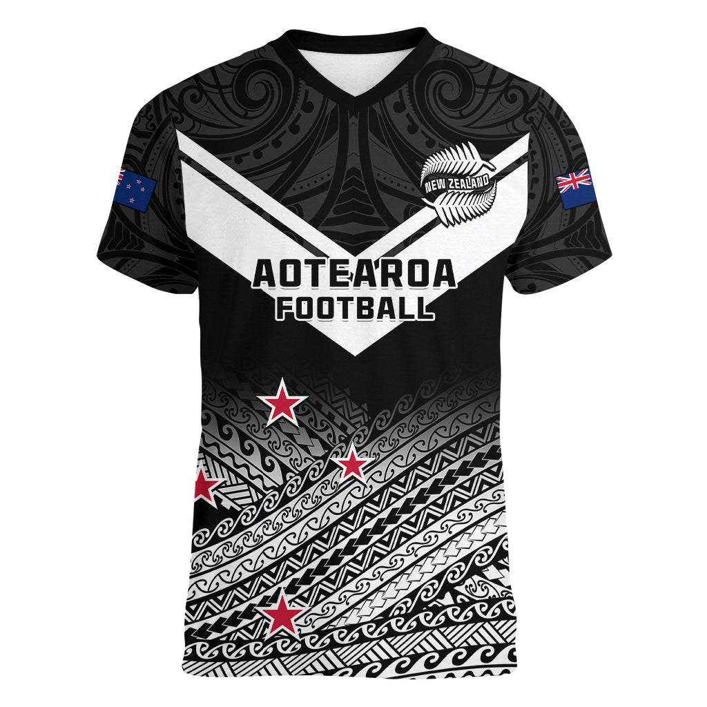 Aotearoa Football Women V Neck T Shirt Go New Zealand Maori Fern Pattern - Wonder Print Shop