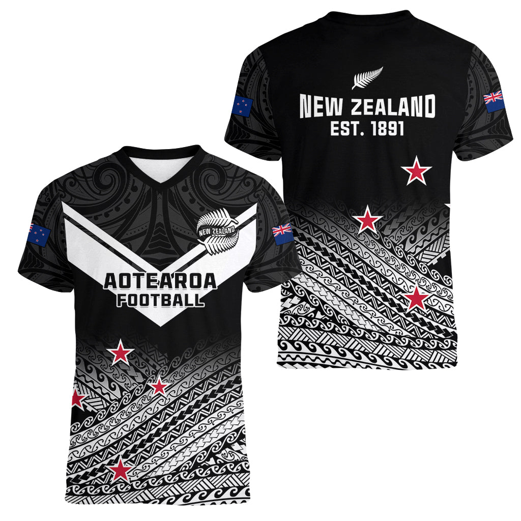 Aotearoa Football Women V Neck T Shirt Go New Zealand Maori Fern Pattern - Wonder Print Shop