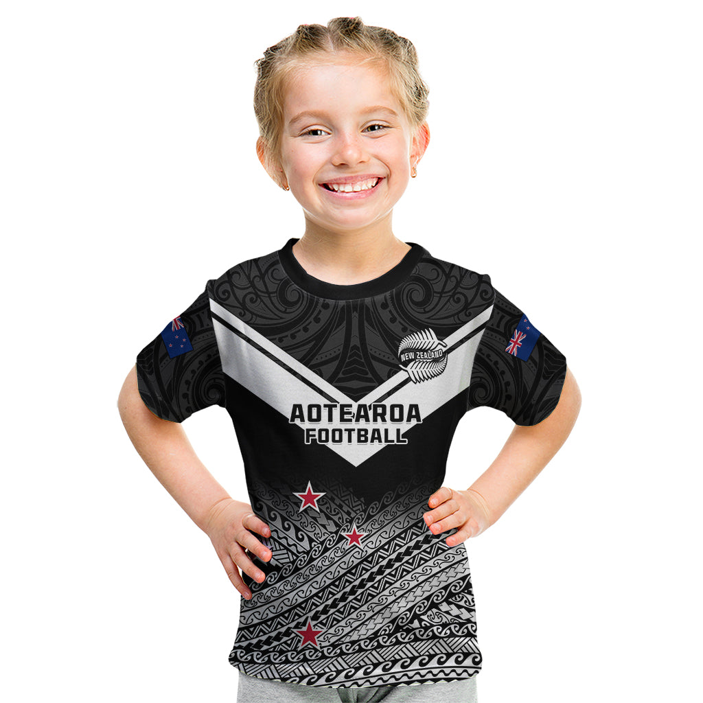 Personalised Aotearoa Football Kid T Shirt Go New Zealand Maori Fern Pattern - Wonder Print Shop