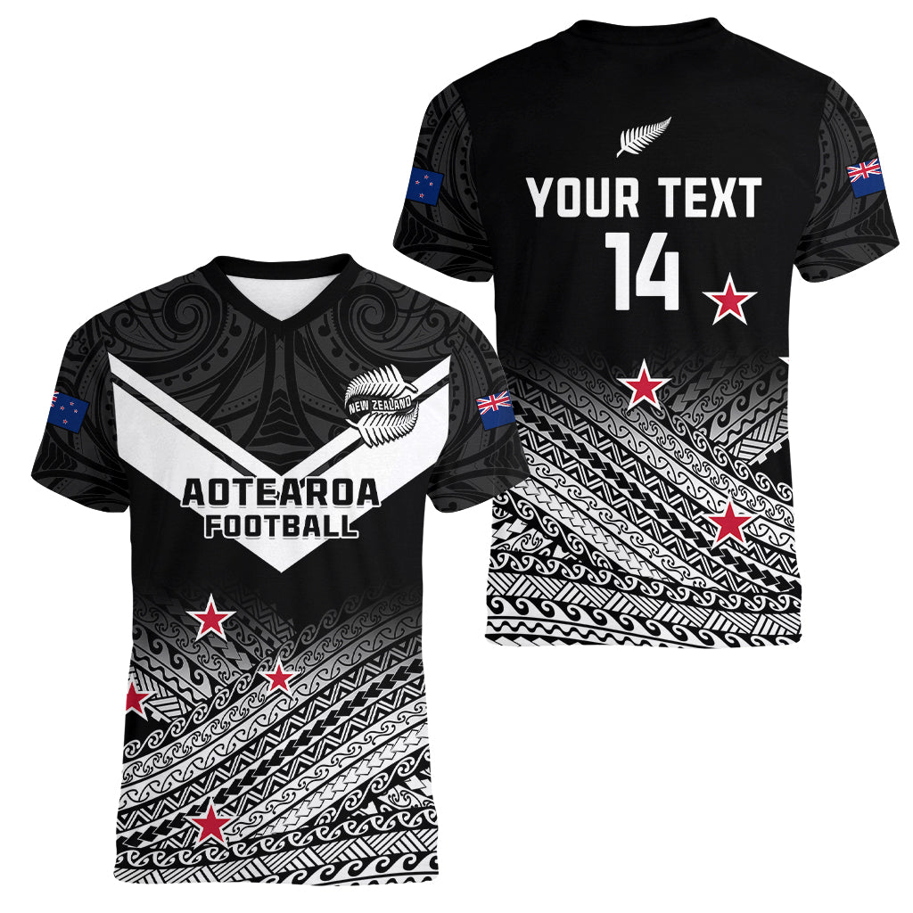 Personalised Aotearoa Football Women V Neck T Shirt Go New Zealand Maori Fern Pattern - Wonder Print Shop