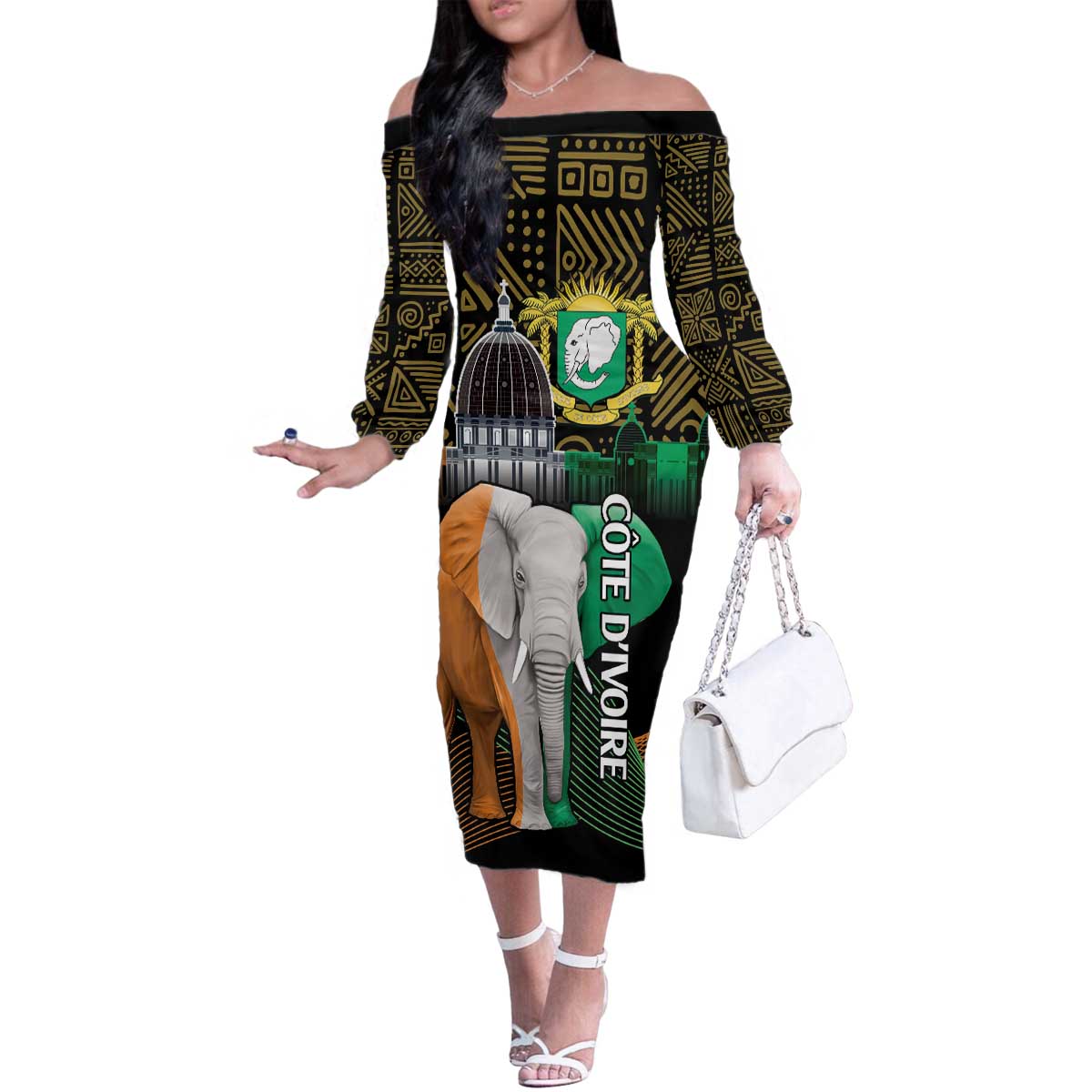 Personalized Cote dIvoire Independence Day Family Matching Off The Shoulder Long Sleeve Dress and Hawaiian Shirt Ivory Coast Elephant African Pattern - Wonder Print Shop