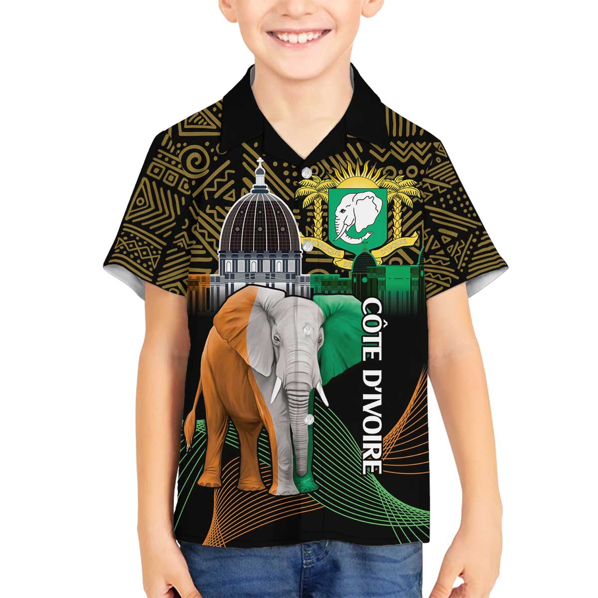 Personalized Cote dIvoire Independence Day Family Matching Off The Shoulder Long Sleeve Dress and Hawaiian Shirt Ivory Coast Elephant African Pattern - Wonder Print Shop