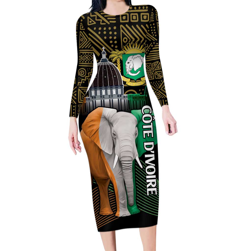 Personalized Cote dIvoire Independence Day Long Sleeve Bodycon Dress Ivory Coast Elephant African Pattern - Wonder Print Shop
