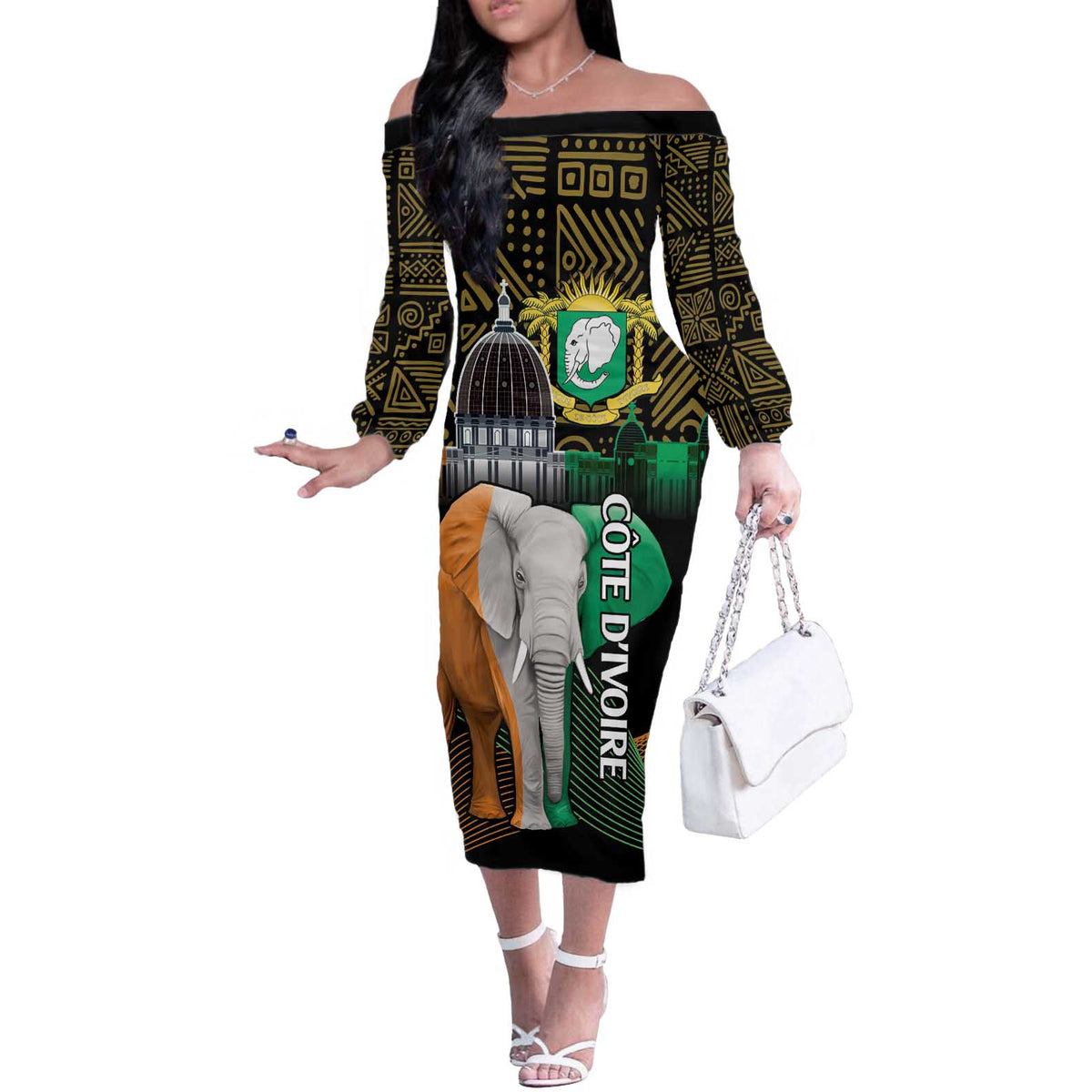 Personalized Cote dIvoire Independence Day Off The Shoulder Long Sleeve Dress Ivory Coast Elephant African Pattern - Wonder Print Shop