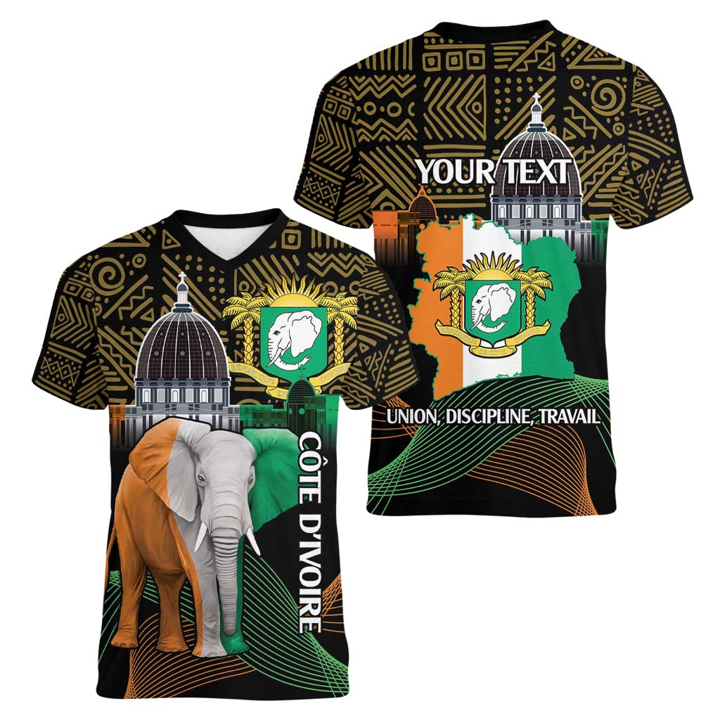 Personalized Cote dIvoire Independence Day Women V-Neck T-Shirt Ivory Coast Elephant African Pattern - Wonder Print Shop