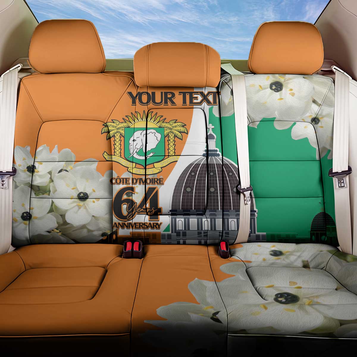 Personalized Ivory Coast Independence Day Back Car Seat Cover Ornithogalum Arabicum Happy 64 Years Anniversary - Wonder Print Shop