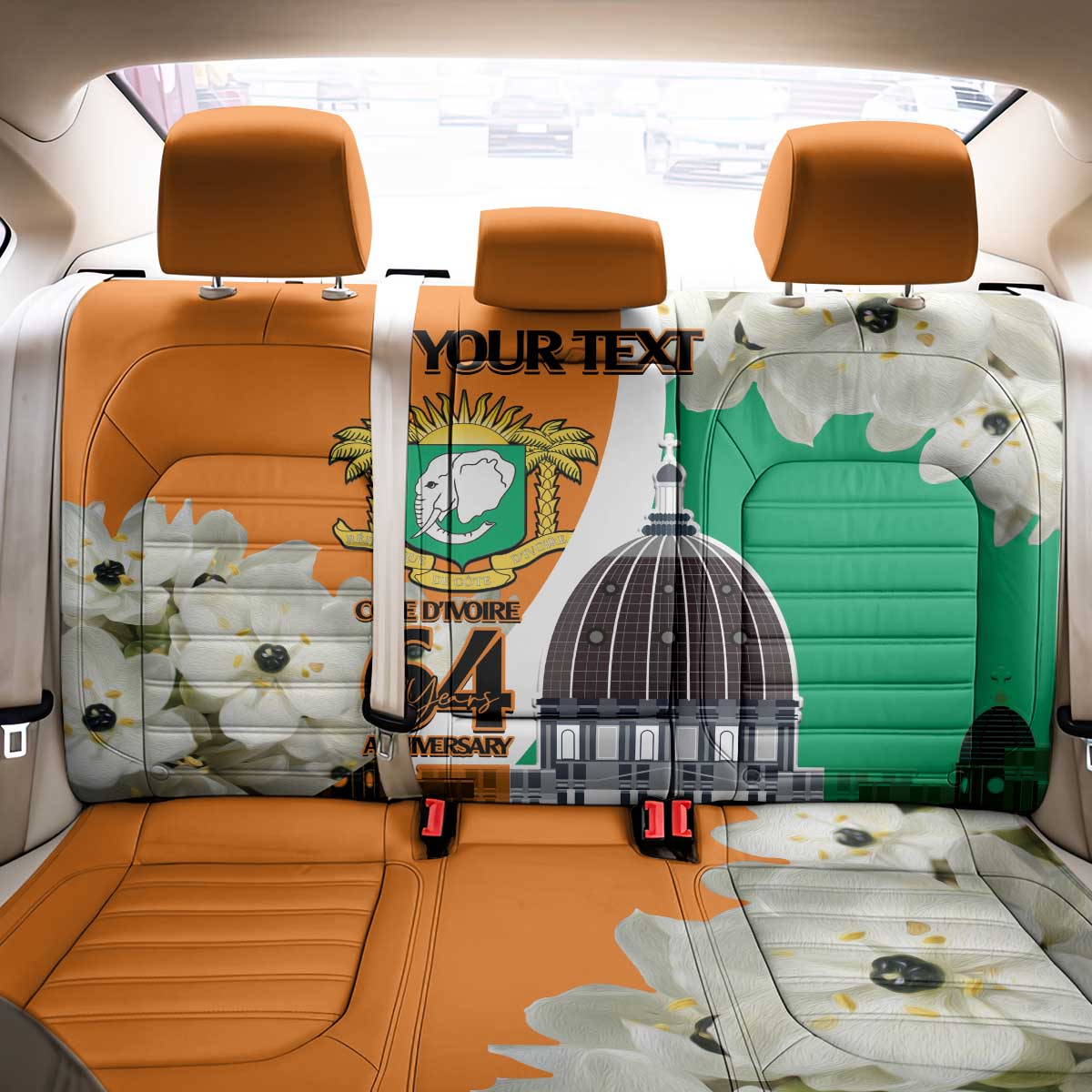 Personalized Ivory Coast Independence Day Back Car Seat Cover Ornithogalum Arabicum Happy 64 Years Anniversary - Wonder Print Shop