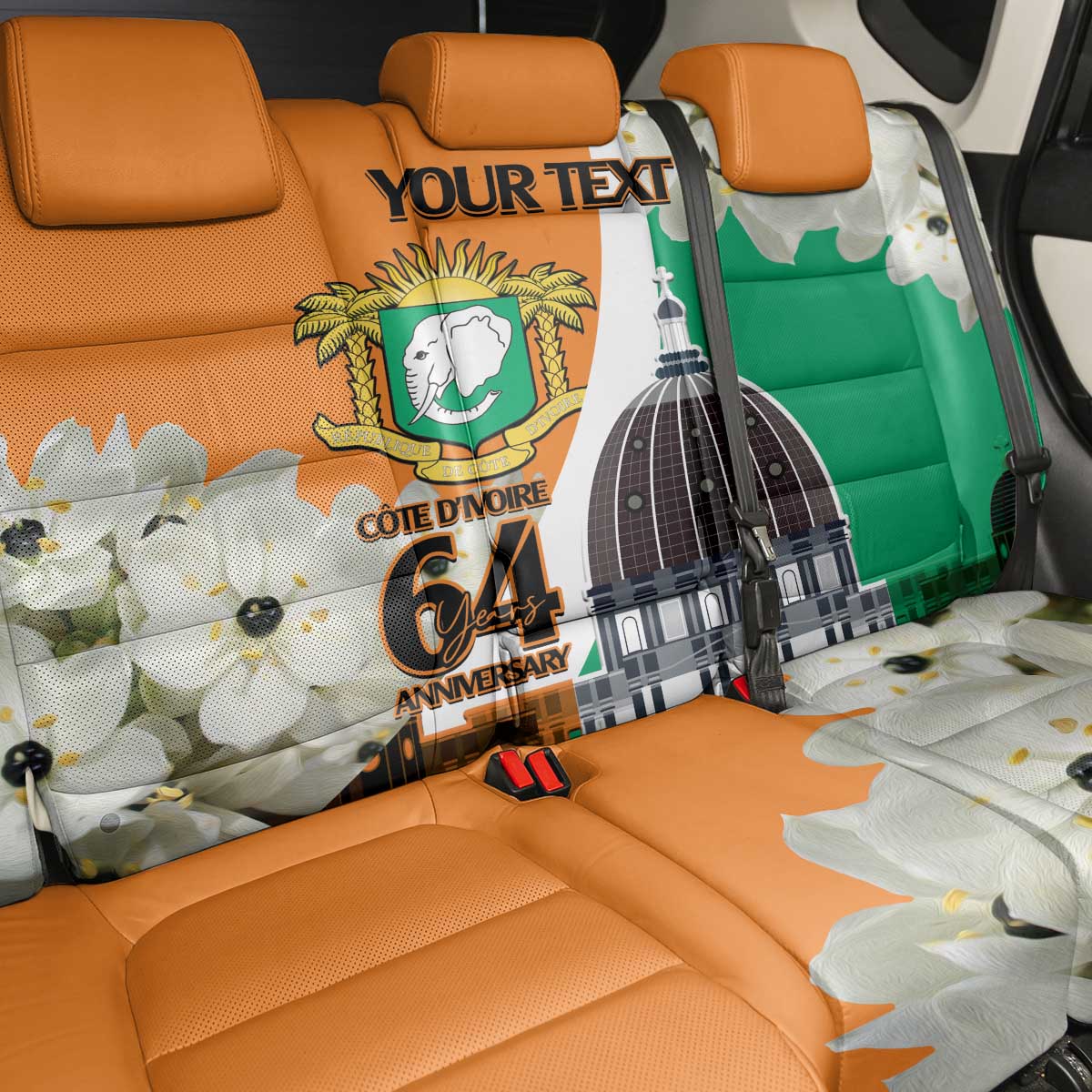 Personalized Ivory Coast Independence Day Back Car Seat Cover Ornithogalum Arabicum Happy 64 Years Anniversary - Wonder Print Shop