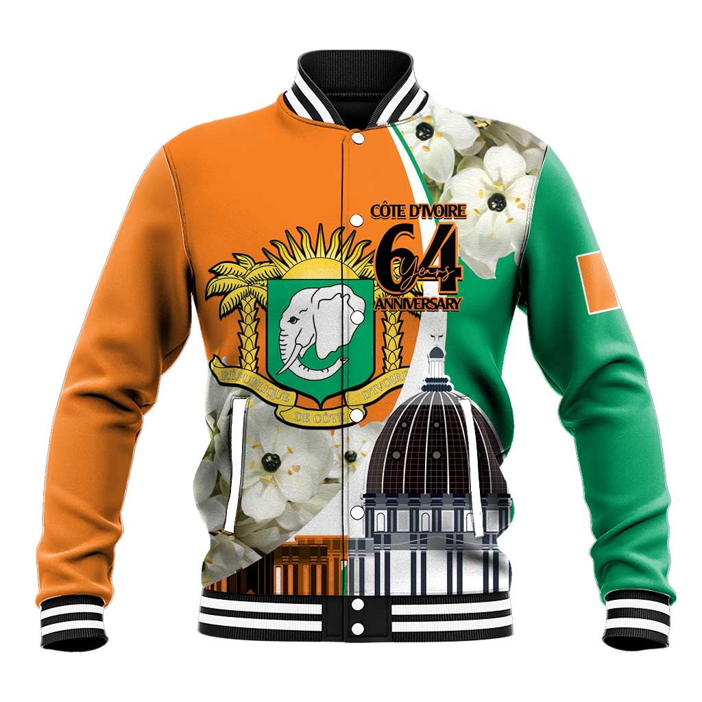 Personalized Ivory Coast Independence Day Baseball Jacket Ornithogalum Arabicum Happy 64 Years Anniversary - Wonder Print Shop