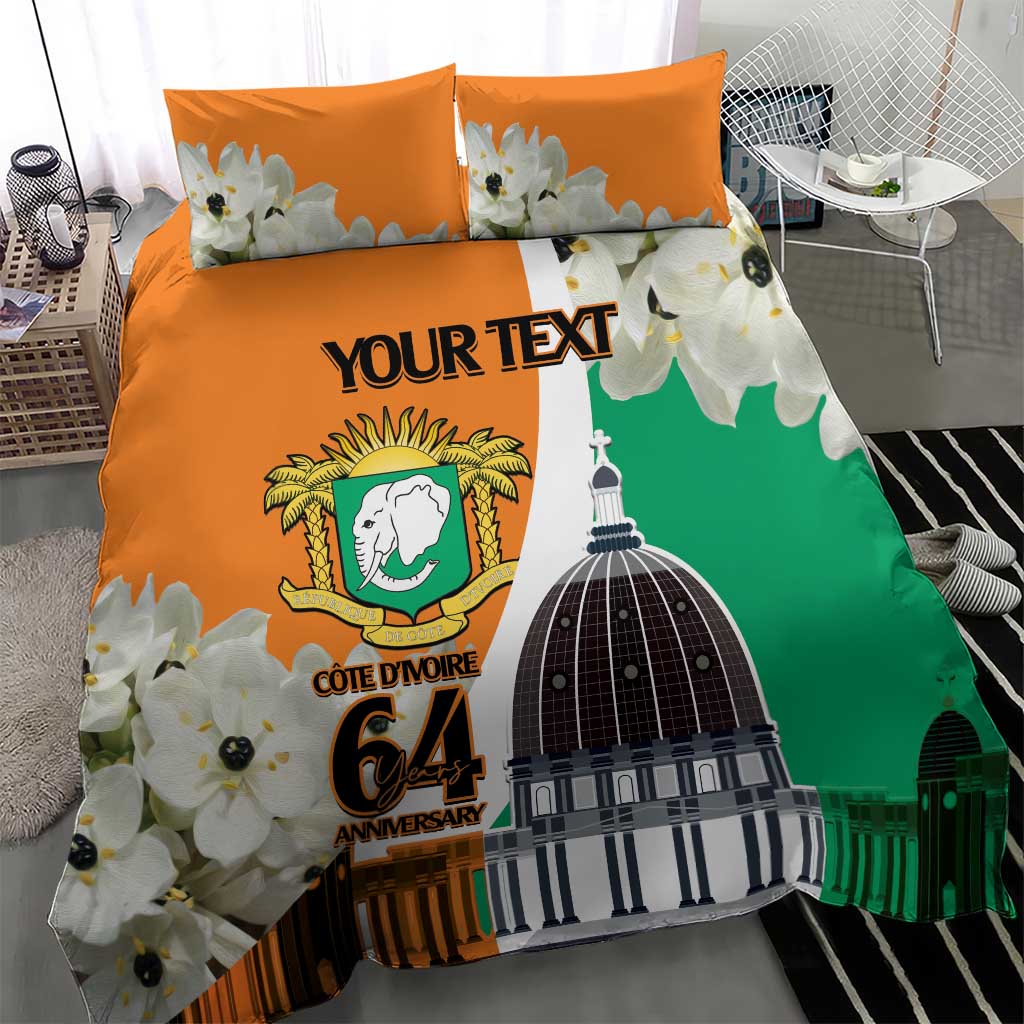Personalized Ivory Coast Independence Day Bedding Set Ornithogalum Arabicum Happy 64 Years Anniversary - Wonder Print Shop