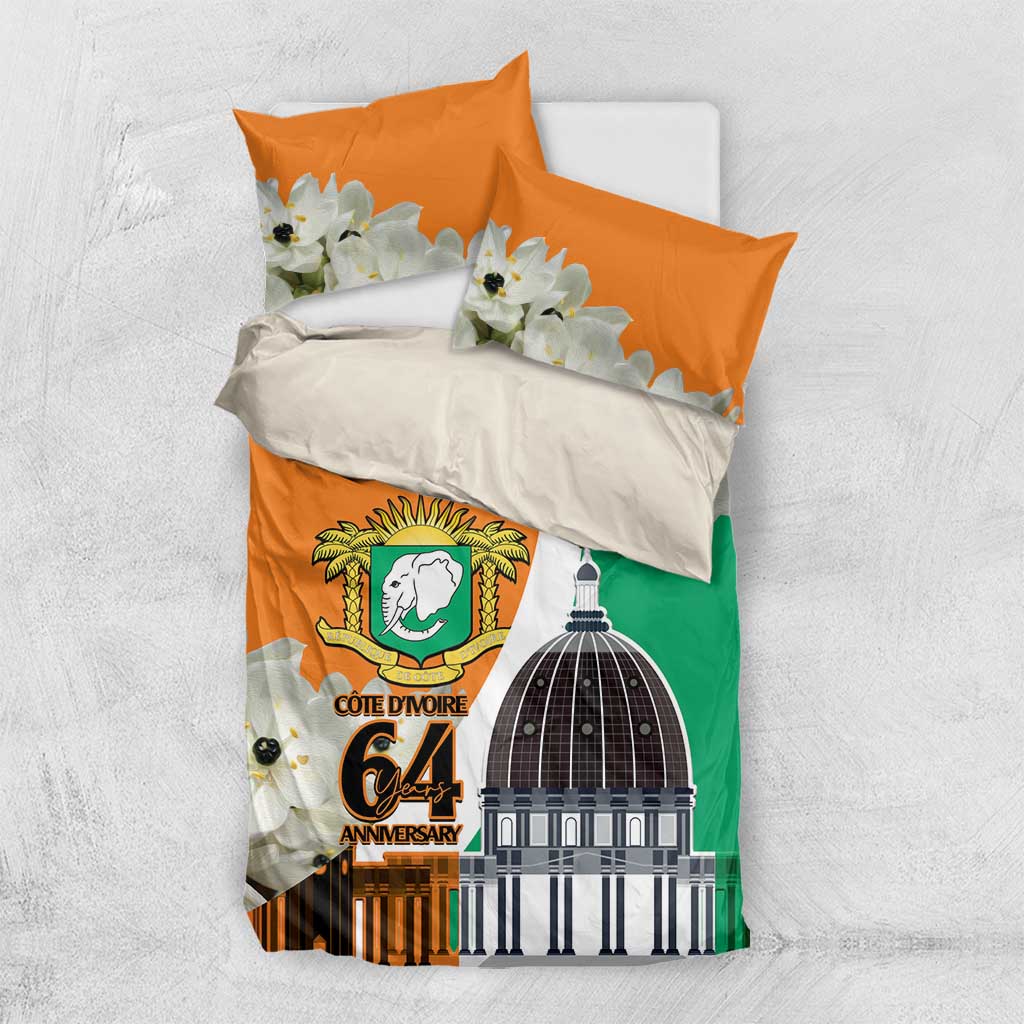 Personalized Ivory Coast Independence Day Bedding Set Ornithogalum Arabicum Happy 64 Years Anniversary - Wonder Print Shop