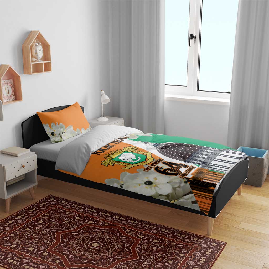 Personalized Ivory Coast Independence Day Bedding Set Ornithogalum Arabicum Happy 64 Years Anniversary - Wonder Print Shop