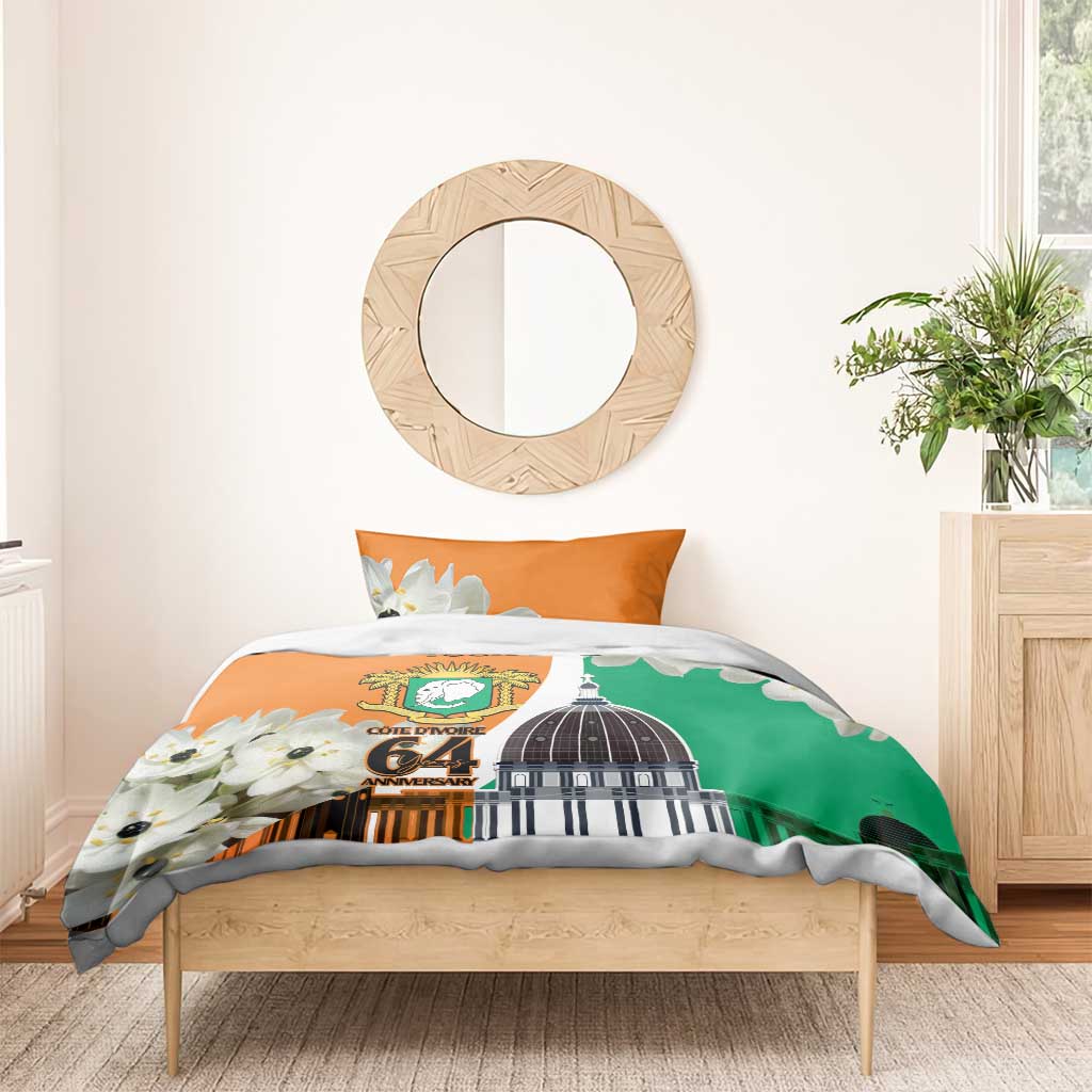 Personalized Ivory Coast Independence Day Bedding Set Ornithogalum Arabicum Happy 64 Years Anniversary - Wonder Print Shop