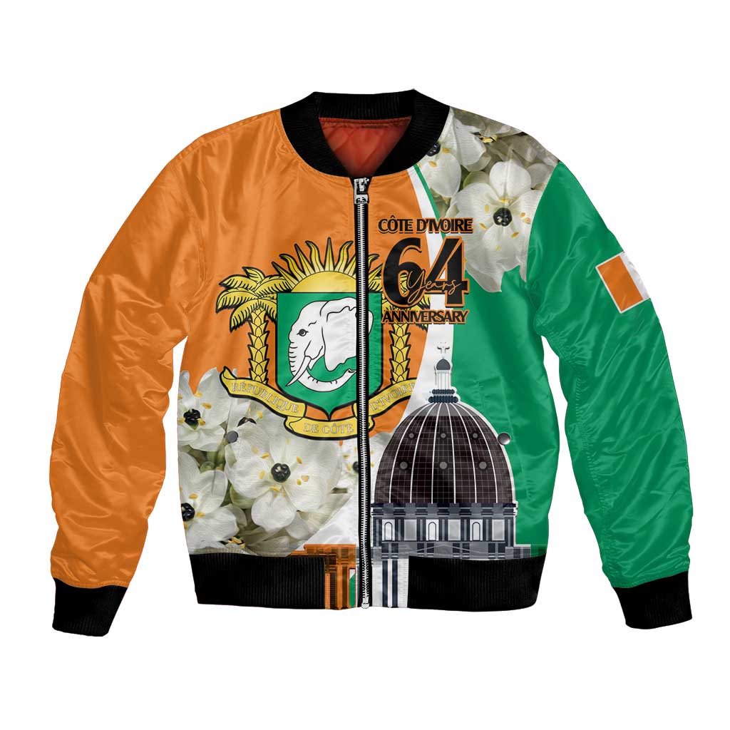 Personalized Ivory Coast Independence Day Bomber Jacket Ornithogalum Arabicum Happy 64 Years Anniversary - Wonder Print Shop